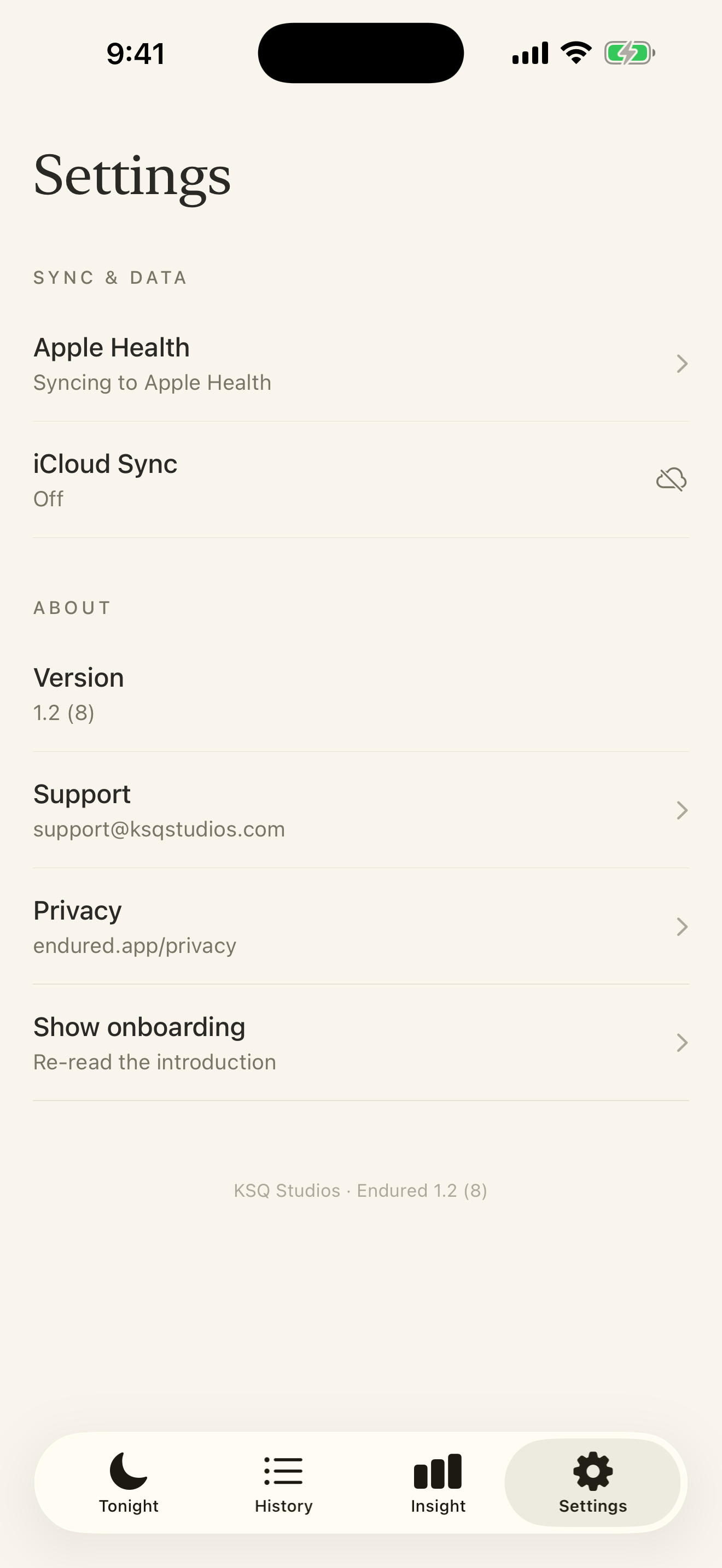 The Settings screen showing the iCloud sync row and the Apple Health row, both indicating sync is on.